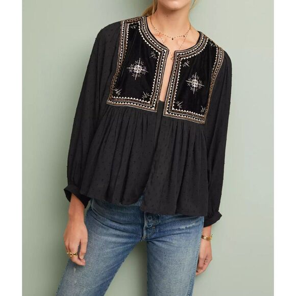 Anthropologie Velvet Nixi Peplum Jacket Black Embroidered Boho Blouse XS - Picture 1 of 4